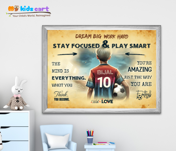 Customized Football Player Boy Cream Background Personalized Motivational Wall Art White (Framed)