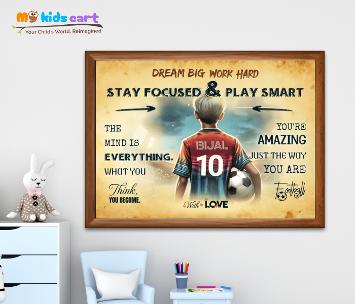 Customized Football Player Boy Cream Background Personalized Motivational Wall Art Wooden (Framed)