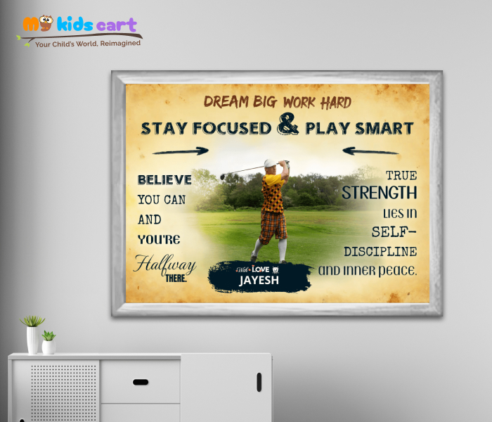 Customized Golf Player Boy Cream Background Portrait Motivational Wall Art White (Framed)