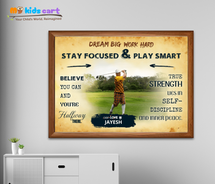 Customized Golf Player Boy Cream Background Portrait Motivational Wall Art Wooden (Framed)