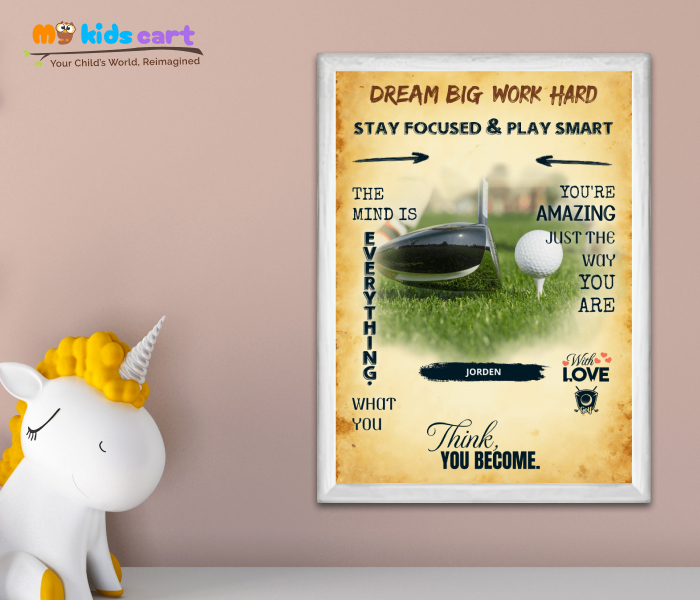 Customized Golf Player Cream Background Portrait Motivational Wall Art White (Framed)