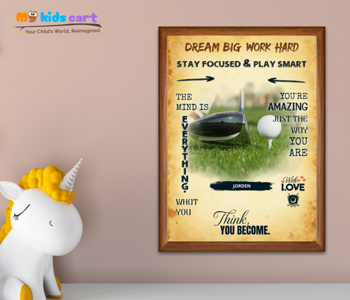 Customized Golf Player Cream Background Portrait Motivational Wall Art Wooden (Framed)