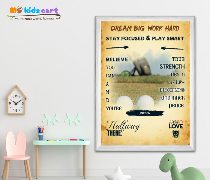 Customized Golf Player Cream Background Portrait Personalized Motivational Wall Art White (Framed)