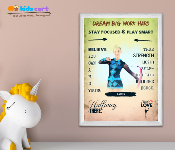 Customized Gymnastics Player Girl Colorful Background Motivational Wall Art White (Framed)