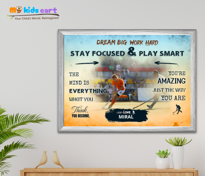 Customized Hockey Player Boy Colorful Background Personalized Motivational Wall Art White (Framed)