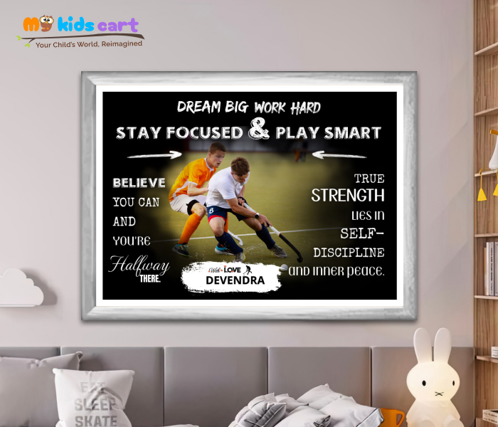 Customized Hockey Portrait Black Background Personalized Motivational Wall Art White (Framed)