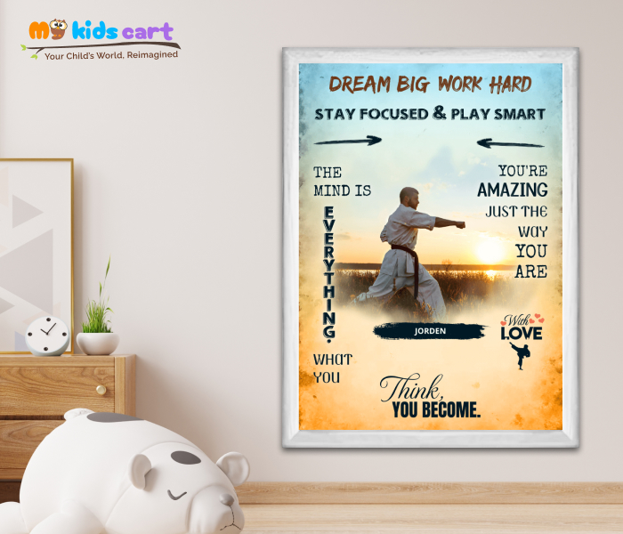 Customized Karate Boy Colourful Background Poster Personalized Motivational Wall Art White (Framed)
