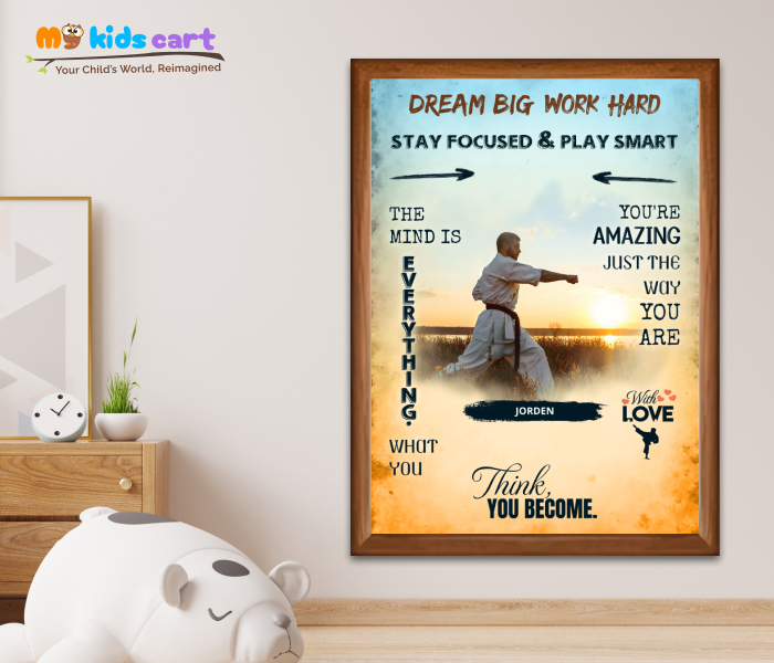 Customized Karate Boy Colourful Background Poster Personalized Motivational Wall Art Wooden (Framed)