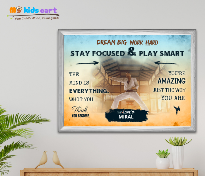 Customized Karate Player Boy Colourful Background Poster Personalized Motivational Wall Art White (Framed)