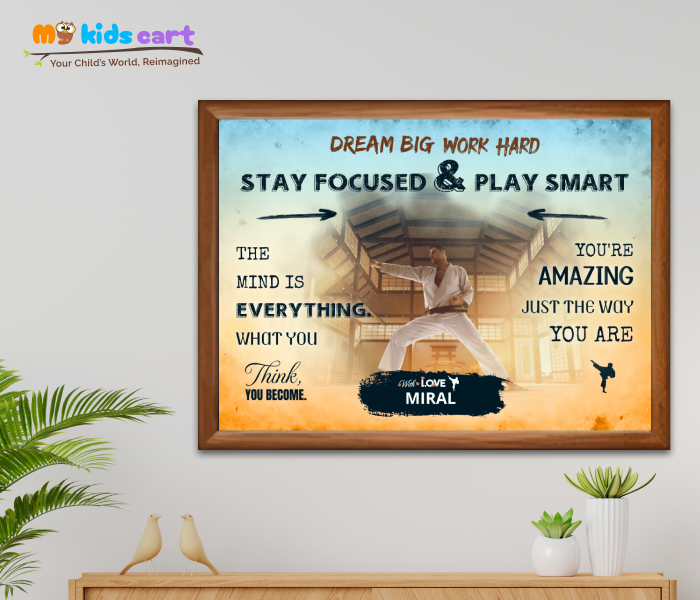 Customized Karate Player Boy Colourful Background Poster Personalized Motivational Wall Art Wooden (Framed)