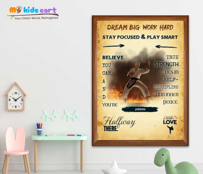 Customized Karate Player Boy Cream Background Personalized Motivational Wall Art Wooden (Framed)