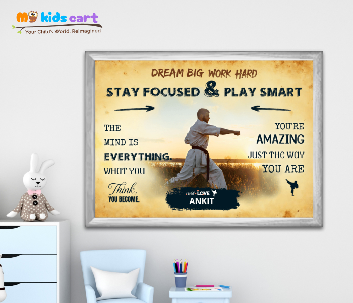 Customized Karate Player Boy Cream Background Poster Personalized Motivational Wall Art White (Framed)