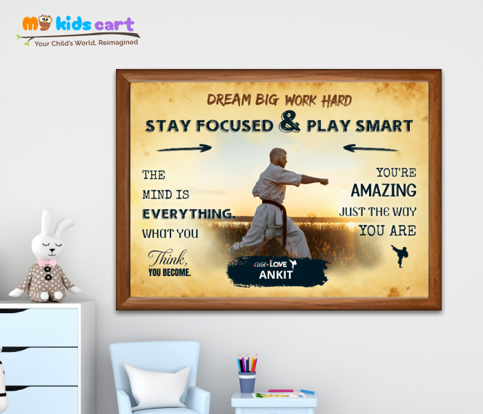 Customized Karate Player Boy Cream Background Poster Personalized Motivational Wall Art Wooden (Framed)