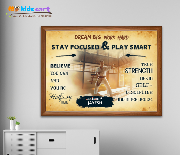 Customized Karate Player Cream Background Poster Personalized Motivational Wall Art Wooden (Framed)