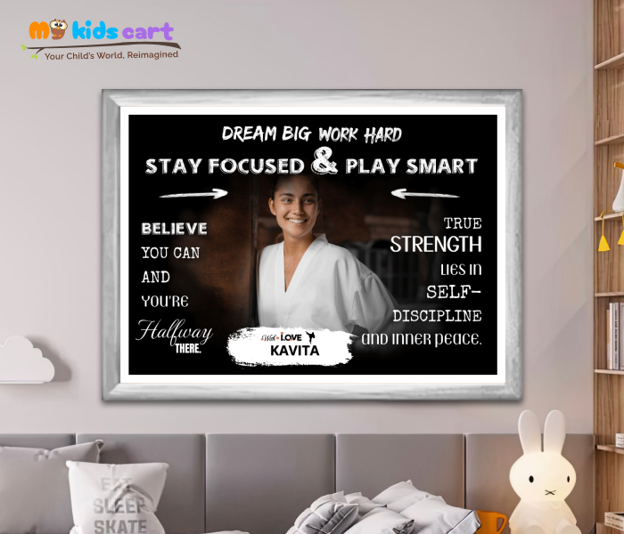 Customized Karate Player Girl Black Background Poster Personalized Motivational Wall Art White (Framed)