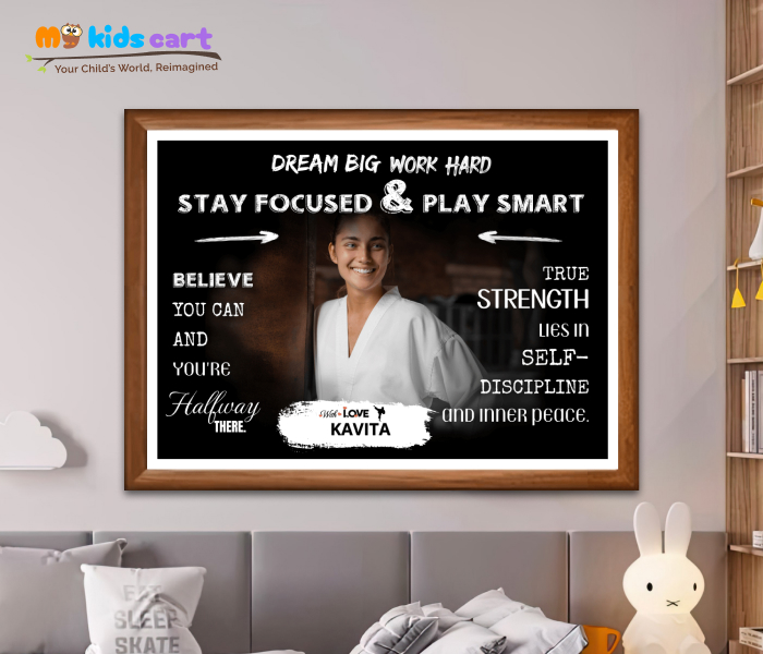 Customized Karate Player Girl Black Background Poster Personalized Motivational Wall Art Wooden (Framed)