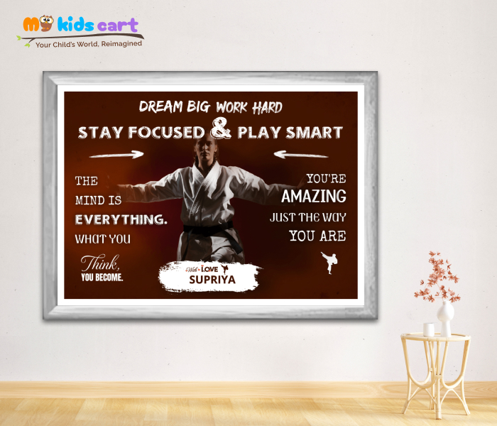 Customized Karate Player Girl Brown Background Poster Personalized Motivational Wall Art White (Framed)