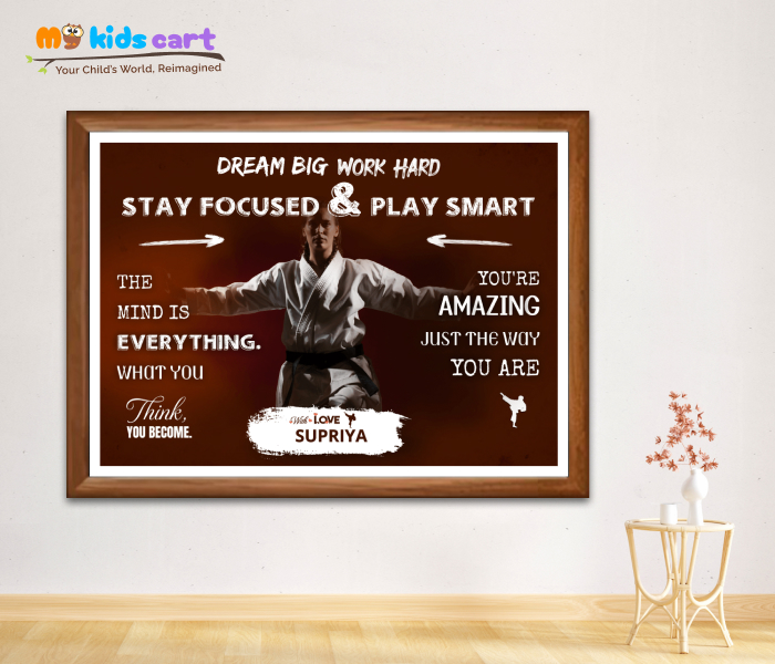 Customized Karate Player Girl Brown Background Poster Personalized Motivational Wall Art Wooden (Framed)