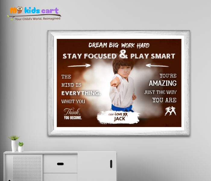 Customized Martial Arts Boy Brown Background Quote Personalized Motivational Wall Art White (Framed)