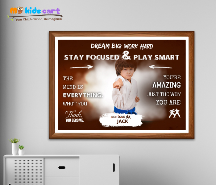Customized Martial Arts Boy Brown Background Quote Personalized Motivational Wall Art Wooden (Framed)