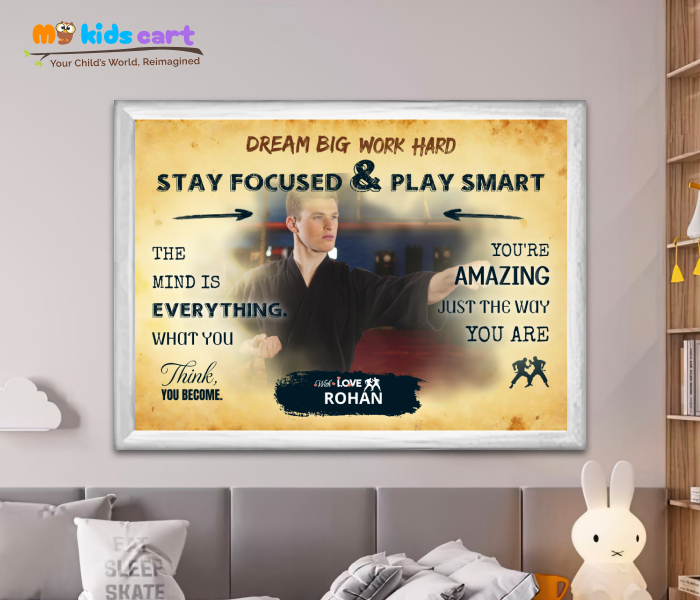 Customized Martial Arts Boy Cream Background Poster Personalized Motivational Wall Art White (Framed)
