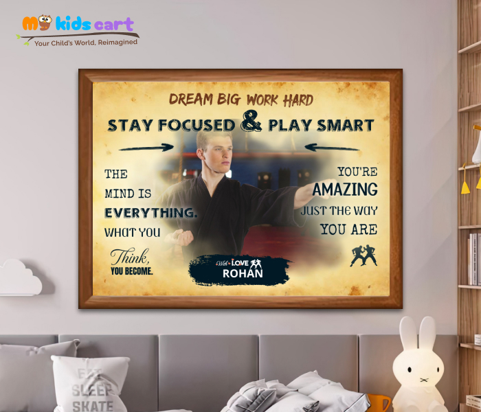 Customized Martial Arts Boy Cream Background Poster Personalized Motivational Wall Art Wooden (Framed)