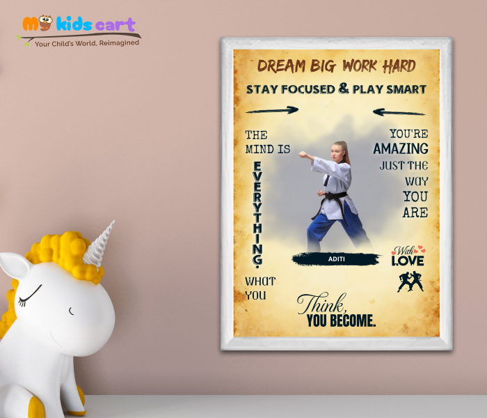 Customized Martial Arts Girl Cream Background Personalized Motivational Wall Art White (Framed)