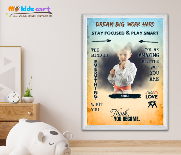 Customized Martial Arts Player Boy Colourful Background Personalized Motivational Wall Art White (Framed)
