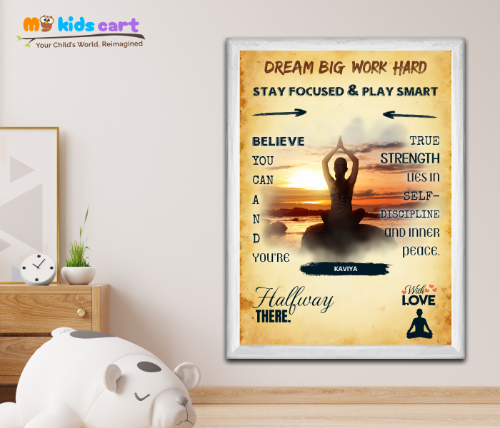 Customized Meditation Girl Cream Background Personalized Motivational Quotes Wall Art White (Framed)