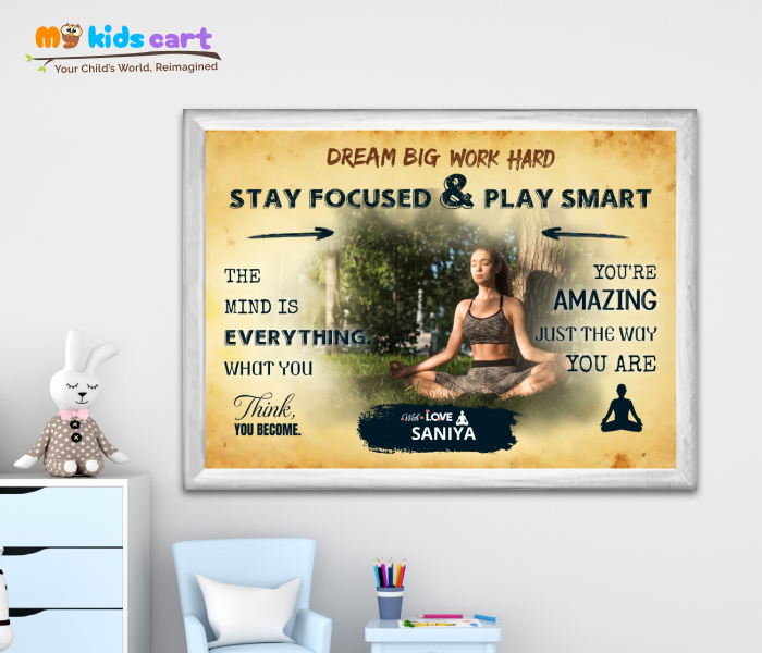 Customized Meditation Girl Cream Background Personalized Motivational Wall Art White (Framed)