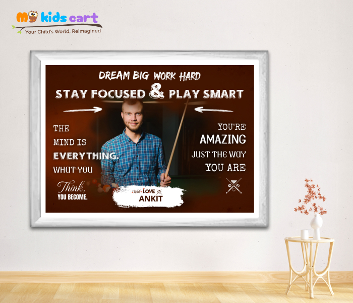 Customized Snooker Boy Brown Background Poster Personalized Motivational Wall Art White (Framed)