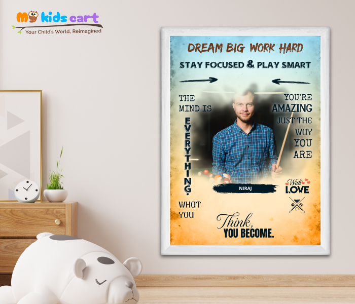 Customized Snooker Boy Colourful Background Personalized Motivational Wall Art White (Framed)