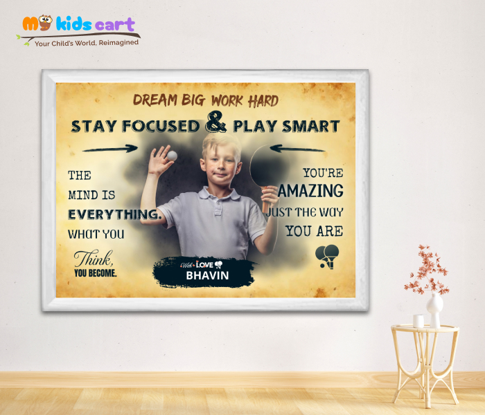 Customized Table Tennis Boy Cream Background Motivational Wall Art White (Framed)