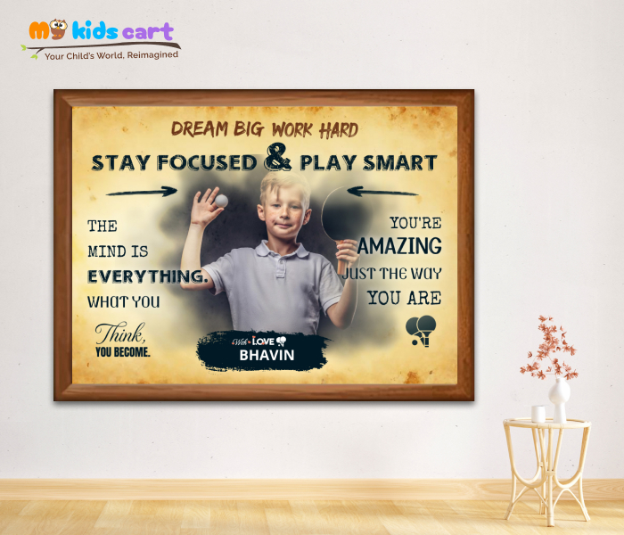 Customized Table Tennis Boy Cream Background Motivational Wall Art Wooden (Framed)