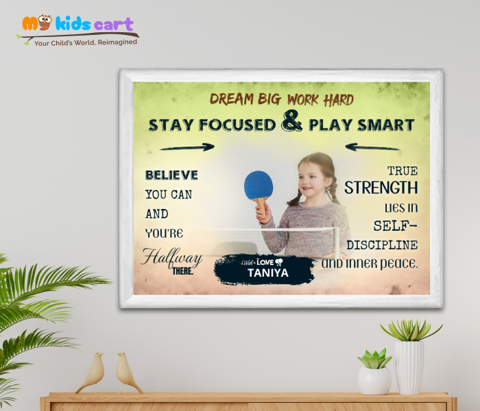 Customized Table Tennis Girl Colourful Background Motivational Wall Art White (Framed)