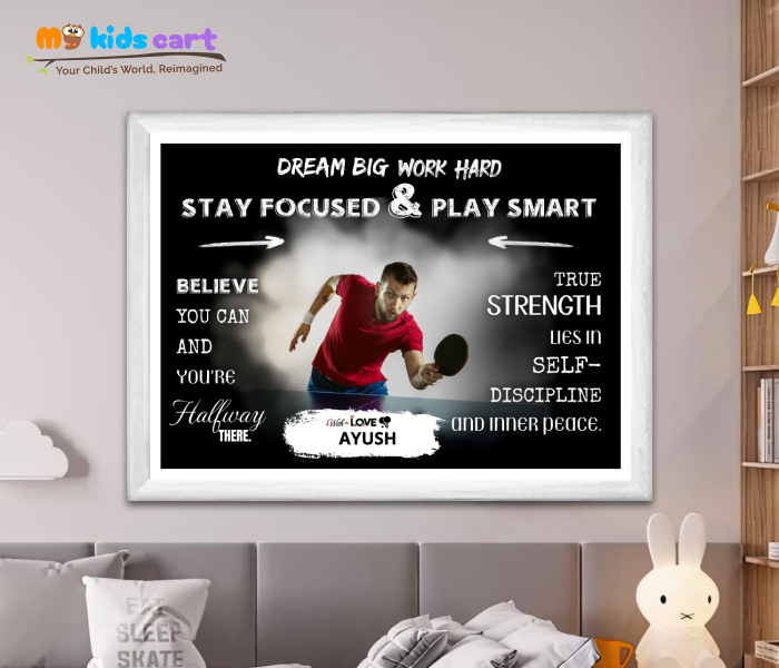 Customized Table Tennis Player Boy Black Background Motivational Wall Art White (Framed)