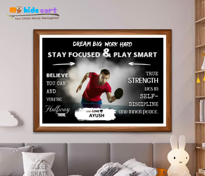 Customized Table Tennis Player Boy Black Background Motivational Wall Art Wooden (Framed)