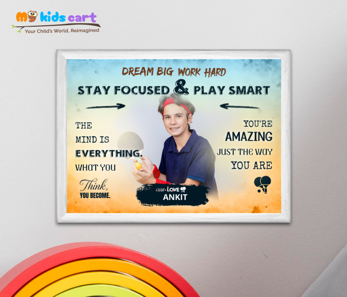 Customized Table Tennis Player Boy Colourful Background Motivational Wall Art White (Framed)