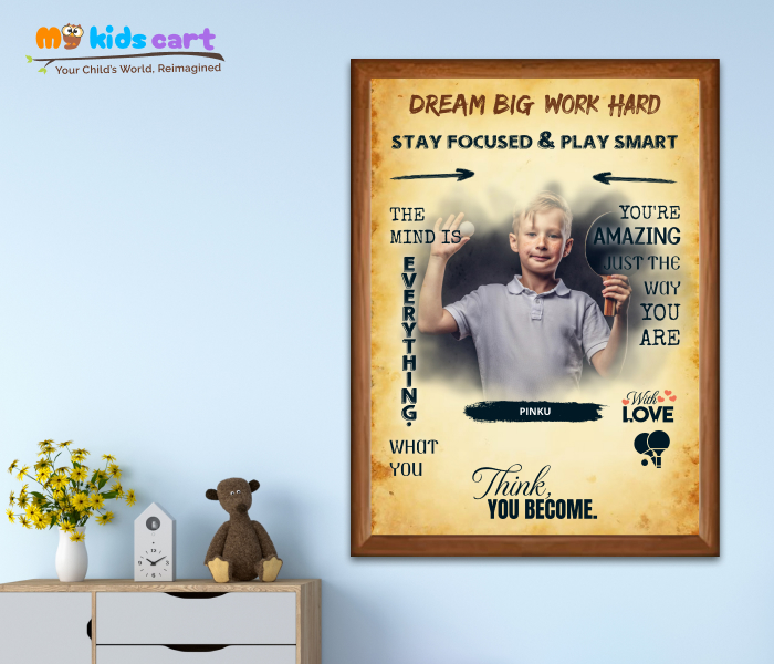 Customized Table Tennis Player Boy Cream Background Motivational Wall Art Wooden (Framed)