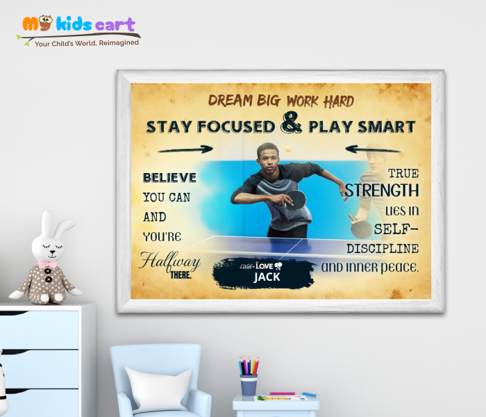 Customized Table Tennis Player Cream Background Motivational Wall Art White (Framed)