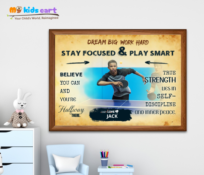 Customized Table Tennis Player Cream Background Motivational Wall Art Wooden (Framed)