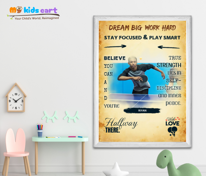 Customized Table Tennis Player Cream Background Personalized Motivational Wall Art White (Framed)