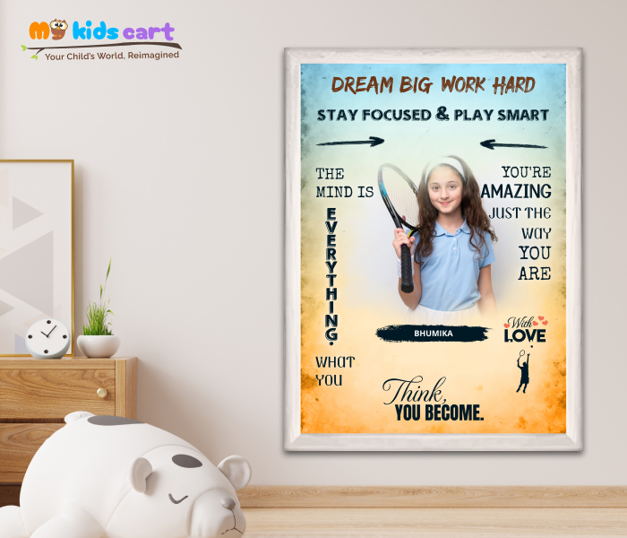 Customized Tennis Girl Colourful Background Personalized Motivational Wall Art White (Framed)