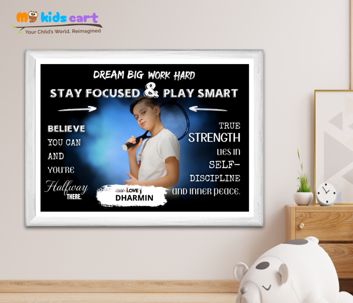 Customized Tennis Player Black Background Poster Personalized Motivational Wall Art White (Framed)