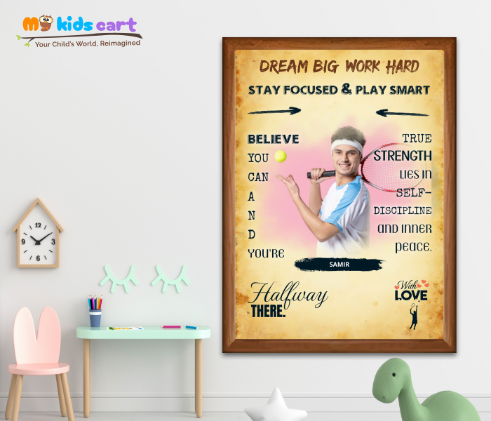 Customized Tennis Player Boy Cream Background Personalized Motivational Wall Art Wooden (Framed)