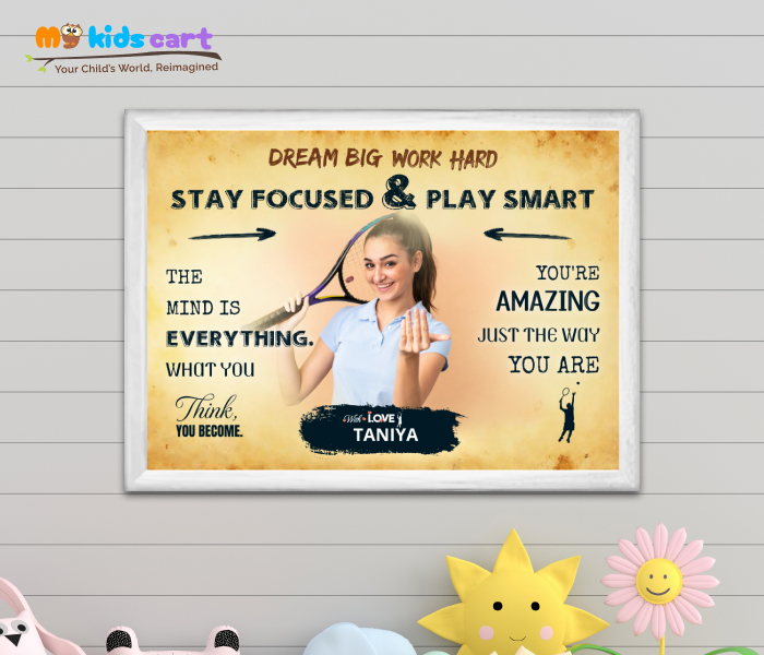 Customized Tennis Player Cream Background Poster Personalized Motivational Wall Art White (Framed)