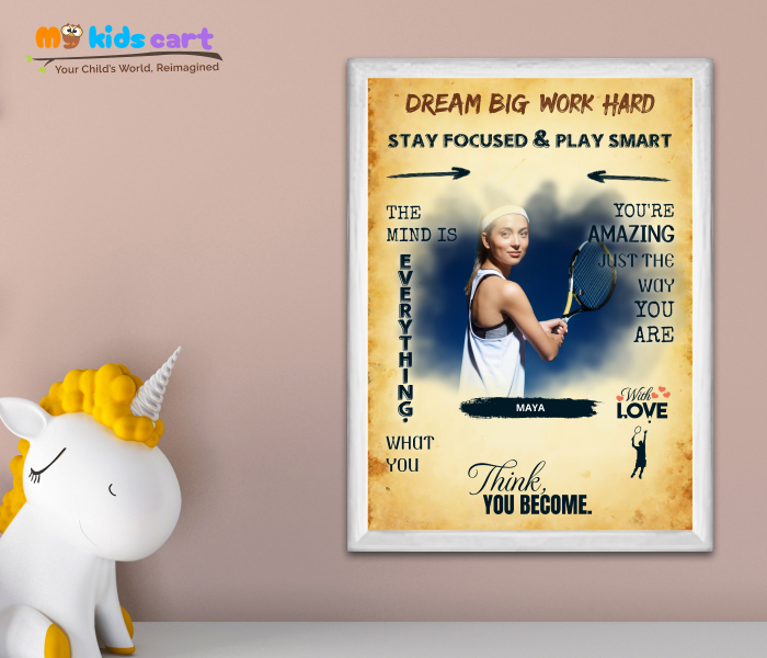 Customized Tennis Player Girl Cream Background Personalized Motivational Wall Art White (Framed)