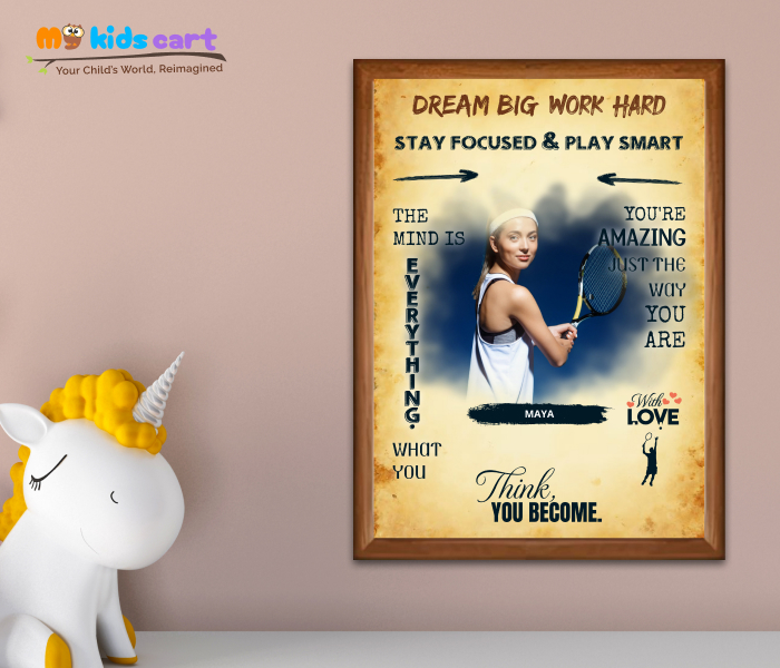 Customized Tennis Player Girl Cream Background Personalized Motivational Wall Art Wooden (Framed)