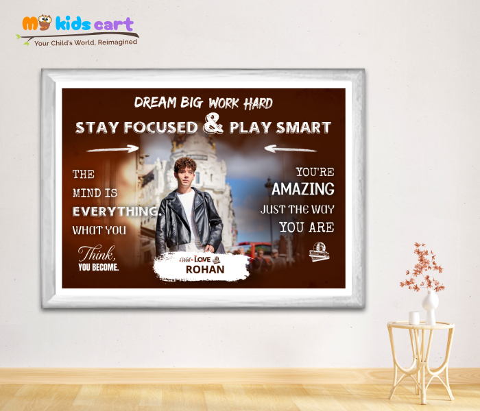 Customized Travel Boy Brown Background Personalized Motivational Quotes Wall Art White (Framed)