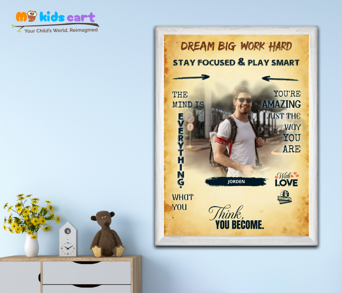Customized Travel Boy Cream Background Motivational Quotes Wall Art White (Framed)